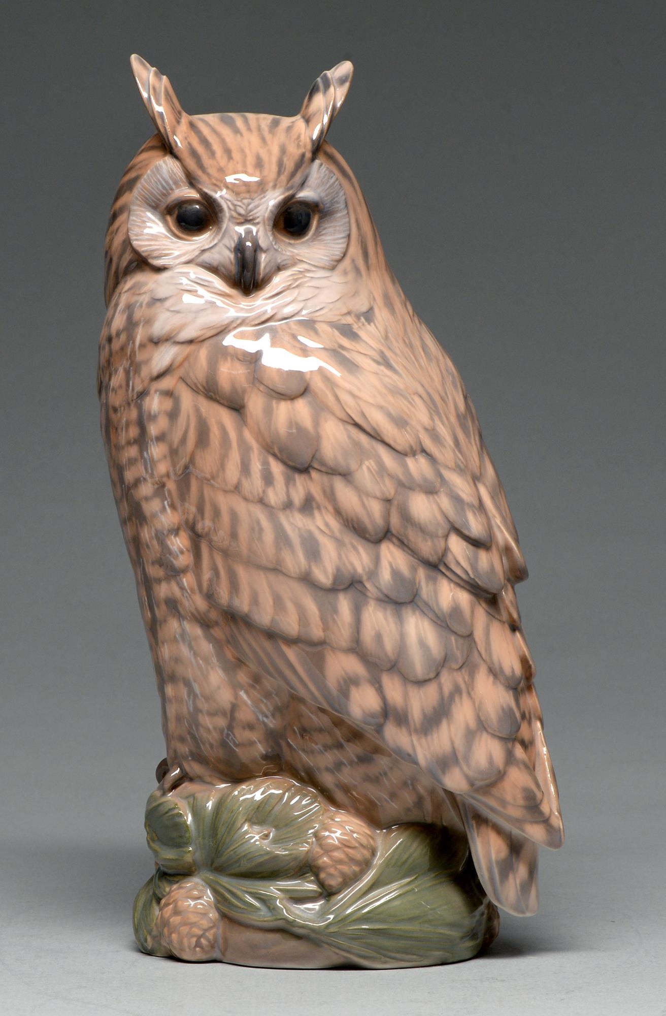 A Royal Copenhagen porcelain model of a long eared owl, 1968, 35.5cm h, printed and painted marks