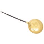 A Dutch brass warming pan, early 18th c, the high domed lid with simple punched star design, the