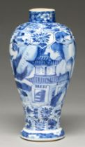 A Chinese blue and white baluster vase, 18th c, painted with landscapes and figures between