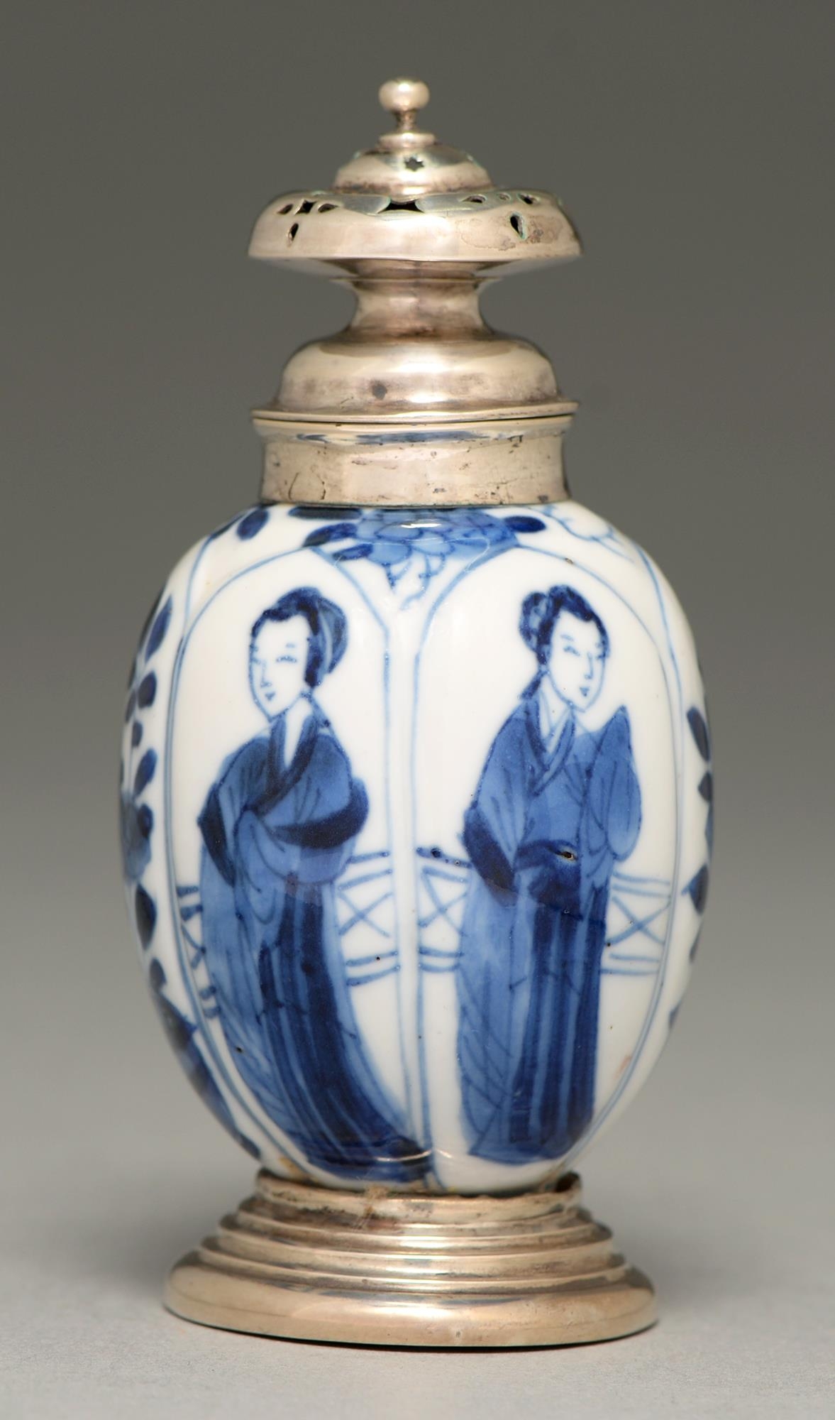 A Chinese moulded blue and white miniature vase, 18th c, painted with a lady alternating with
