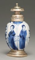 A Chinese moulded blue and white miniature vase, 18th c, painted with a lady alternating with