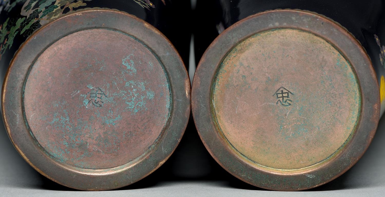 A pair of Japanese cloisonne enamel vases, Meiji period, enamelled in silver wire cloisons with - Image 2 of 2