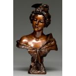 A French Art Nouveau bronze bust of Carmen, cast from a model by Emmanuel Villanis, early 20th c,