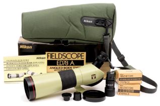 Bird watching. A Nikon Fieldscope,  Model ED78A, boxed with two eyepieces and shoulder bag Good