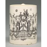 A creamware mug, c1780, transfer printed with masonic emblems and inscribed in black enamel with the