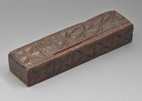 An English chip carved oak two compartment box, late 17th c, with two sliding covers, 18.5cm l