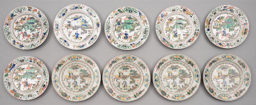 Ten Chinese famille verte plates, six Kangxi period, four later, enamelled with a dignitary on a