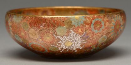 A Satsuma ware bowl, early 20th c, of rounded form and enamelled and gilt with densely packed