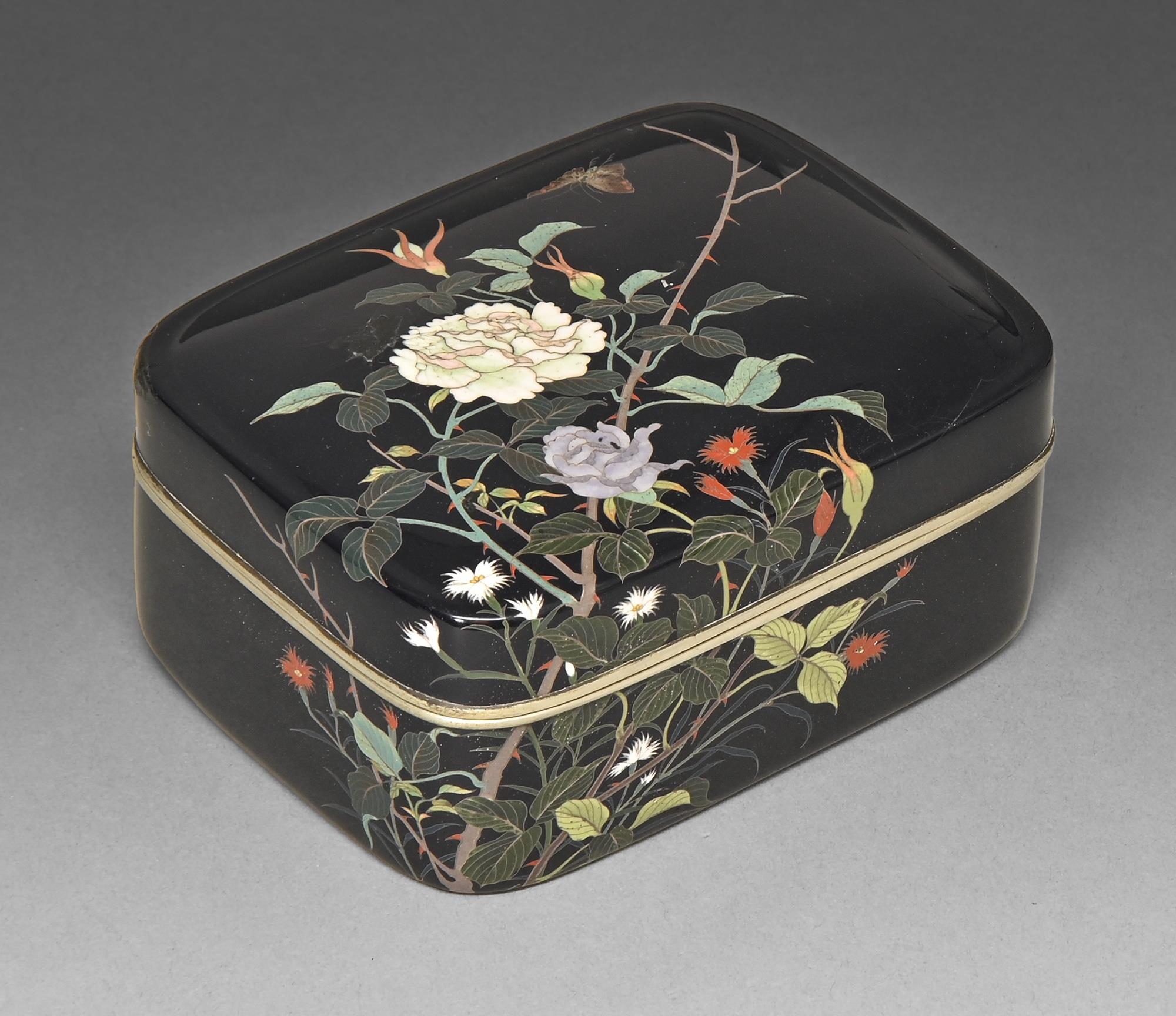 A Japanese cloisonne enamel box and cover, Meiji period, enamelled in silver cloisons with