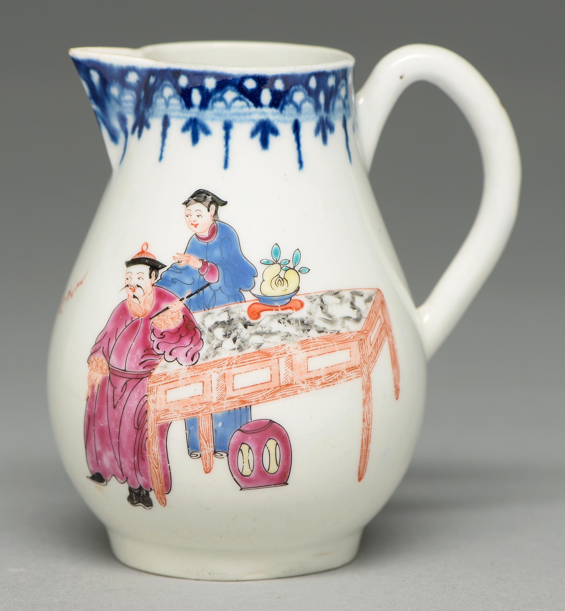 A Worcester hot milk jug, c1765, with underglaze blue border and painted with three Chinese figures, - Image 2 of 3