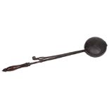 An iron long handled lidded pan, late 18th c, with Y-shaped strut to the lid, the arm secured by a