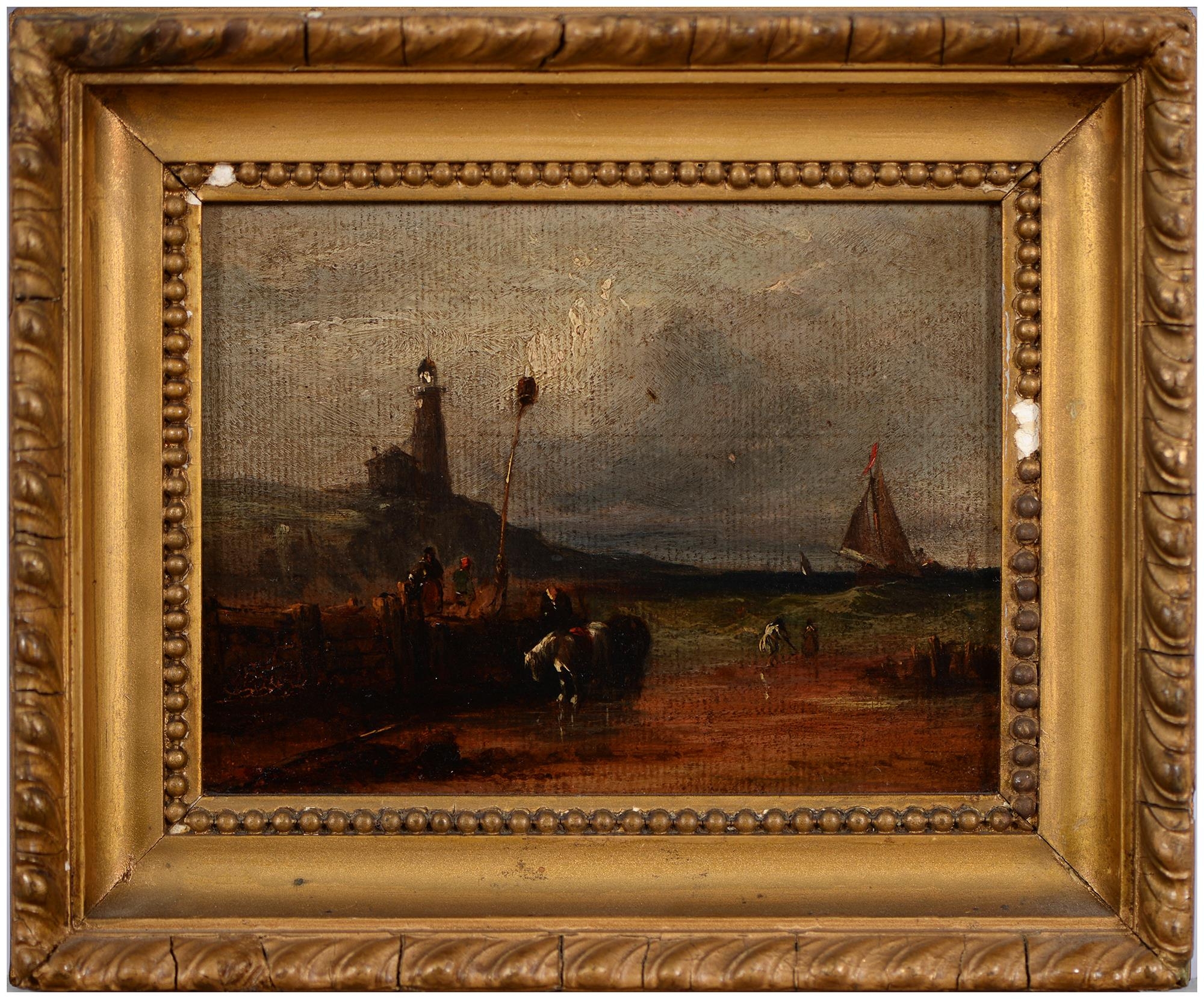 English School, 19th c - Fisherfolk on the Shore, oil on paper laid on board, 11 x 15cm Cleaned or - Image 2 of 3