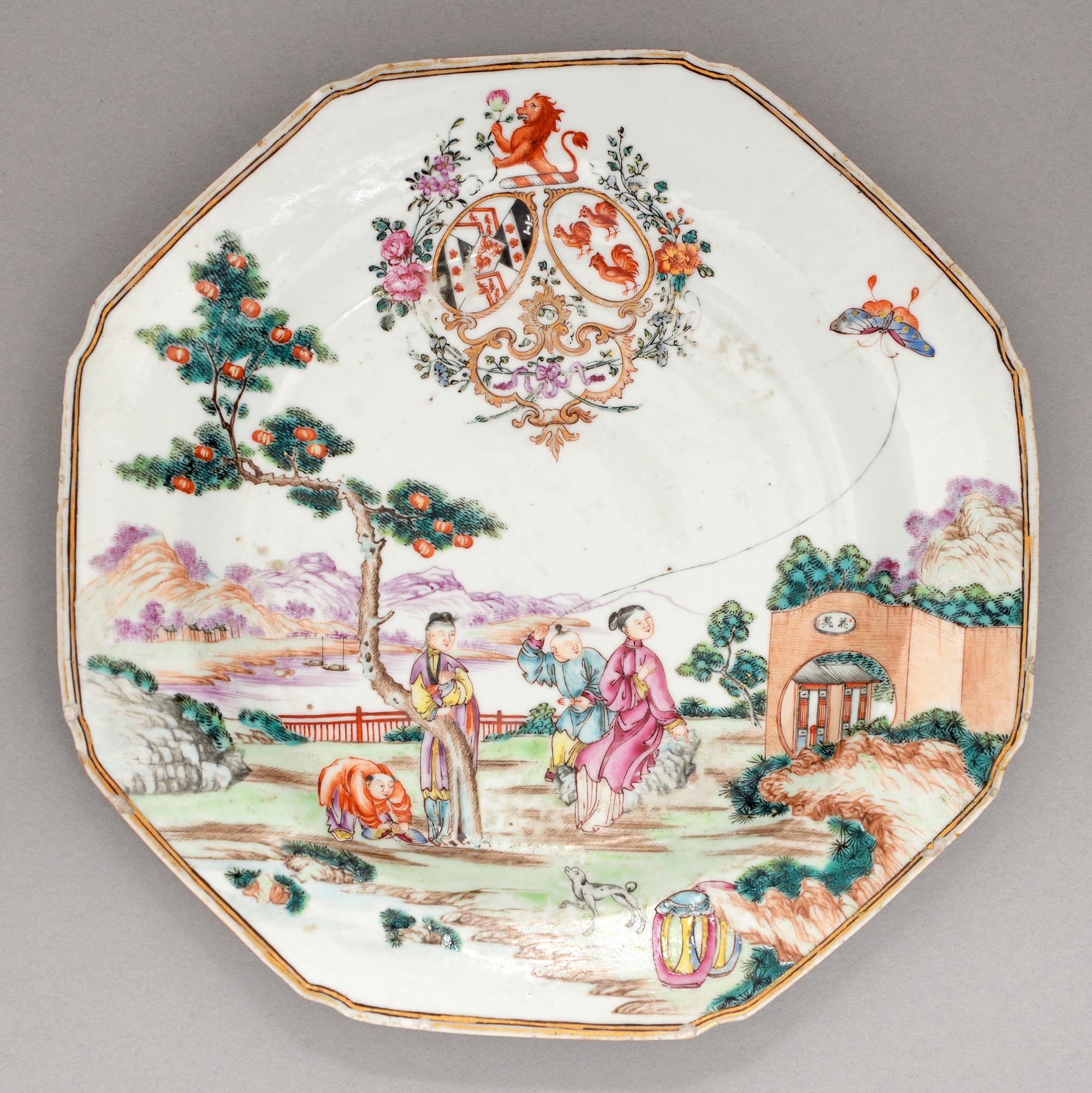 A Chinese armorial plate, c1770, enamelled with the arms of Peach quartering Small with, in pretence