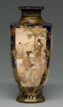 A Satsuma ware vase, Meiji period, of square section, painted with alternate scenes of bijin and