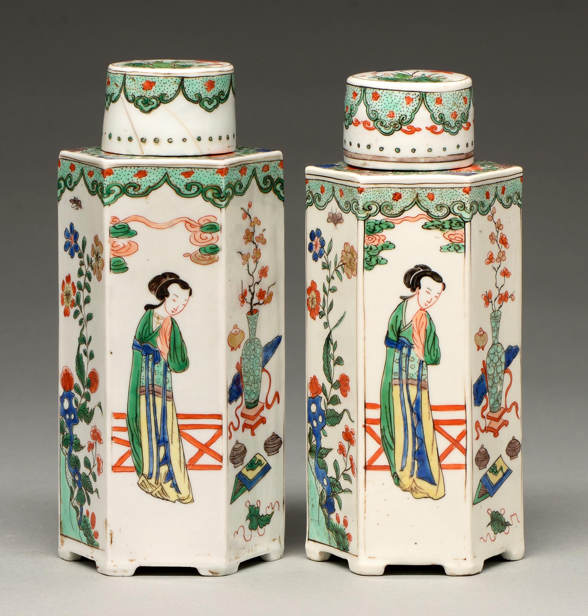 A pair of Samson 'famille verte' hexagonal tea caddies and covers, c1900, the sides painted with a