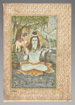 Indian School, 19th c - Shiva with Nandi, illustrated leaf from a manuscript, text verso, 30 x 20.