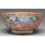 A Chinese European-subject famille rose punch bowl, c1770, enamelled with hunting scenes and