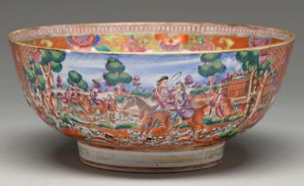 A Chinese European-subject famille rose punch bowl, c1770, enamelled with hunting scenes and
