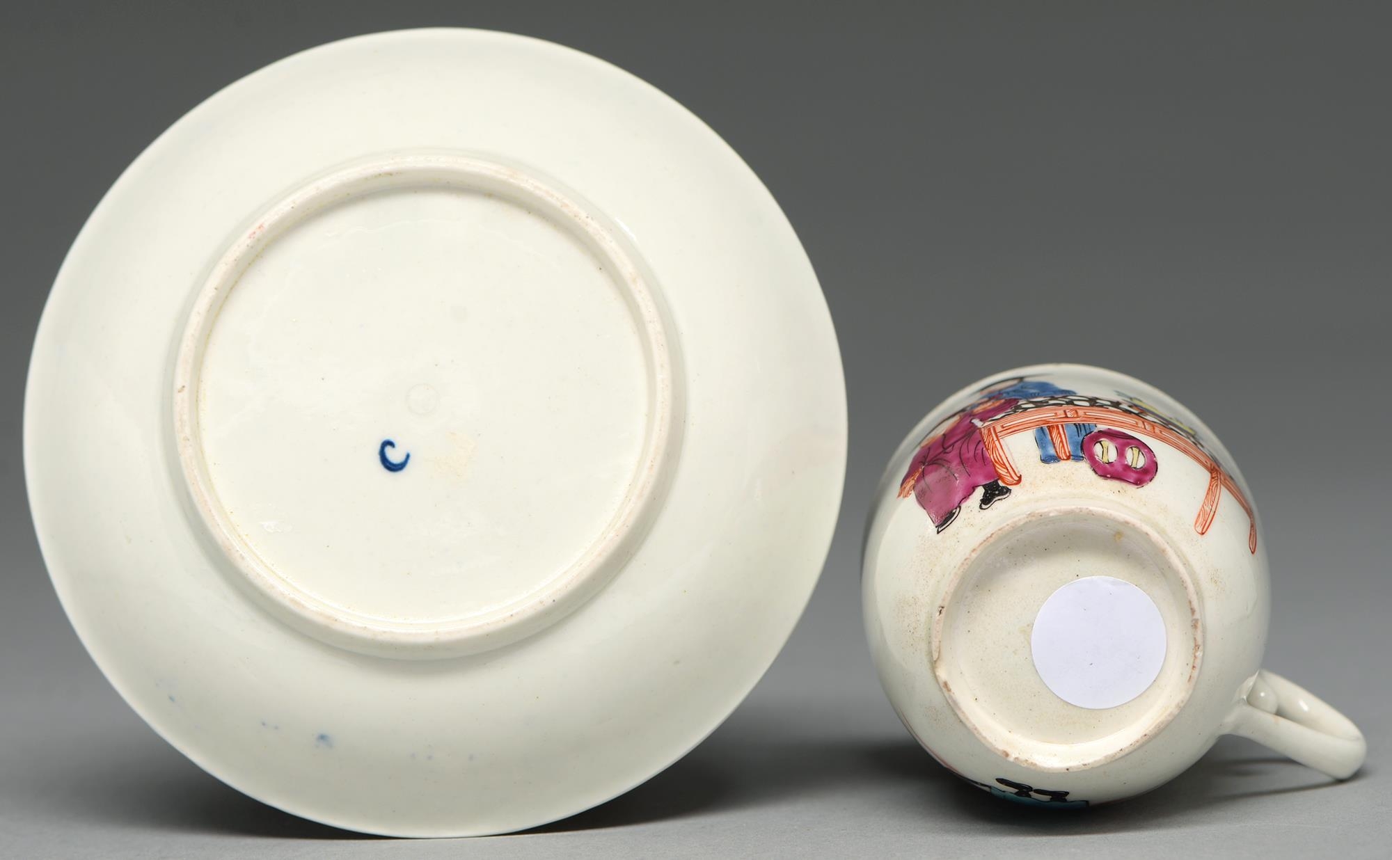 A Worcester coffee cup and saucer, c1765, with underglaze blue border and painted in overglaze - Image 2 of 2