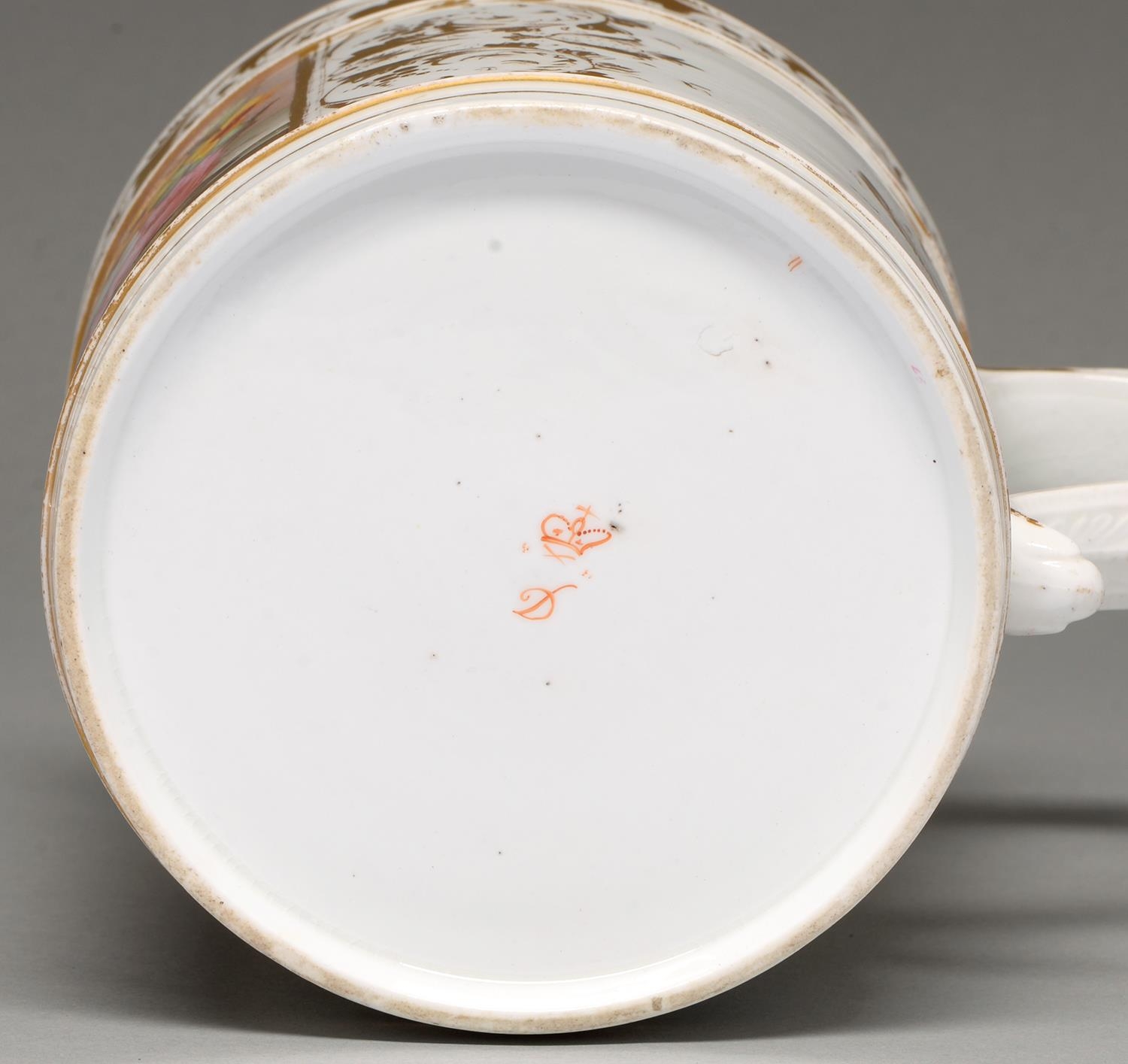 A Derby porter mug, c1820, painted with a group of luxuriant flowers on a marble ledge, and gilt, - Image 3 of 3