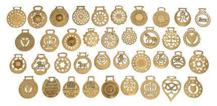 Thirty-eight horse brasses, mainly Victorian and early 20th c, including RSPCSA Merit Badge 1922 and