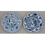 Two Chinese Kraak porcelain blue and white dishes, c1630-1650, painted to the centre with a bird and