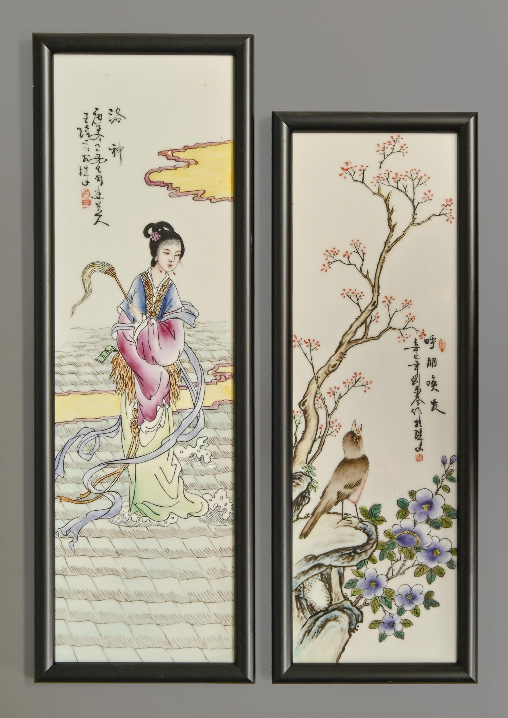 Two Chinese porcelain plaques, second half 20th c, painted with a lady or bird and blossom with