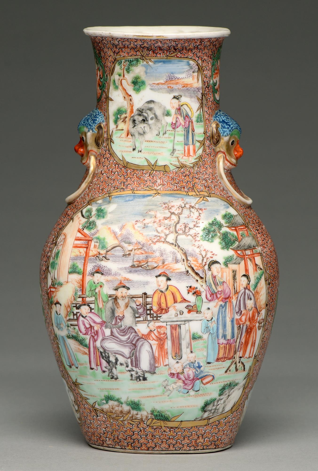 A Chinese famille rose vase, c1770, enamelled and with 'mandarin' scenes in gilt bamboo frames