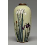 A Japanese cloisonne enamel vase, Meiji / Taisho period, enamelled with purple and white irises on a