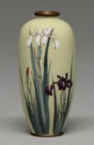 A Japanese cloisonne enamel vase, Meiji / Taisho period, enamelled with purple and white irises on a