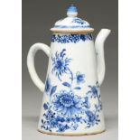 A Chinese blue and white coffee pot and cover, 18th c, of side-handled conical form, painted with