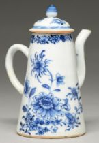 A Chinese blue and white coffee pot and cover, 18th c, of side-handled conical form, painted with