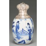 A Chinese blue and white vase, Kangxi period, ovoid, painted with three women in a continuous
