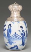 A Chinese blue and white vase, Kangxi period, ovoid, painted with three women in a continuous