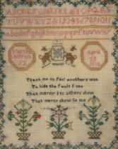 A George IV linen sampler, Martha Athron [aged] 12 April 25 1826, worked with central quatrain and