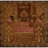 A Victorian wool sampler, Mary Owen aged 13 years 1867, worked with a fortified house, crowns,