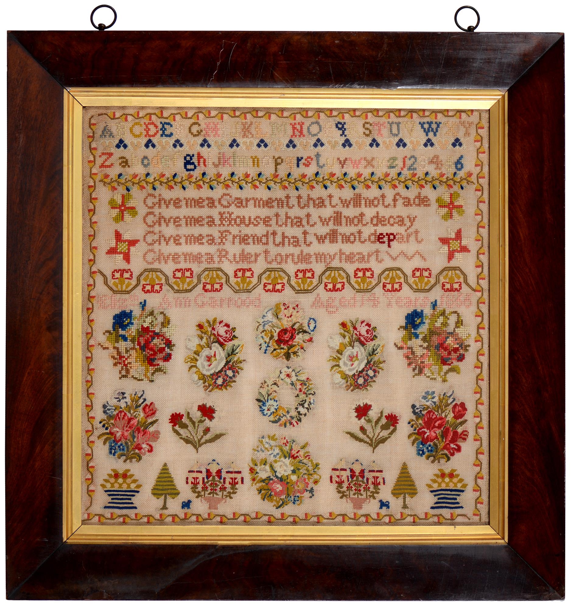 A Victorian linen sampler, Elizabeth Ann Garrood aged 14 years 1866, worked in brightly coloured - Image 2 of 2