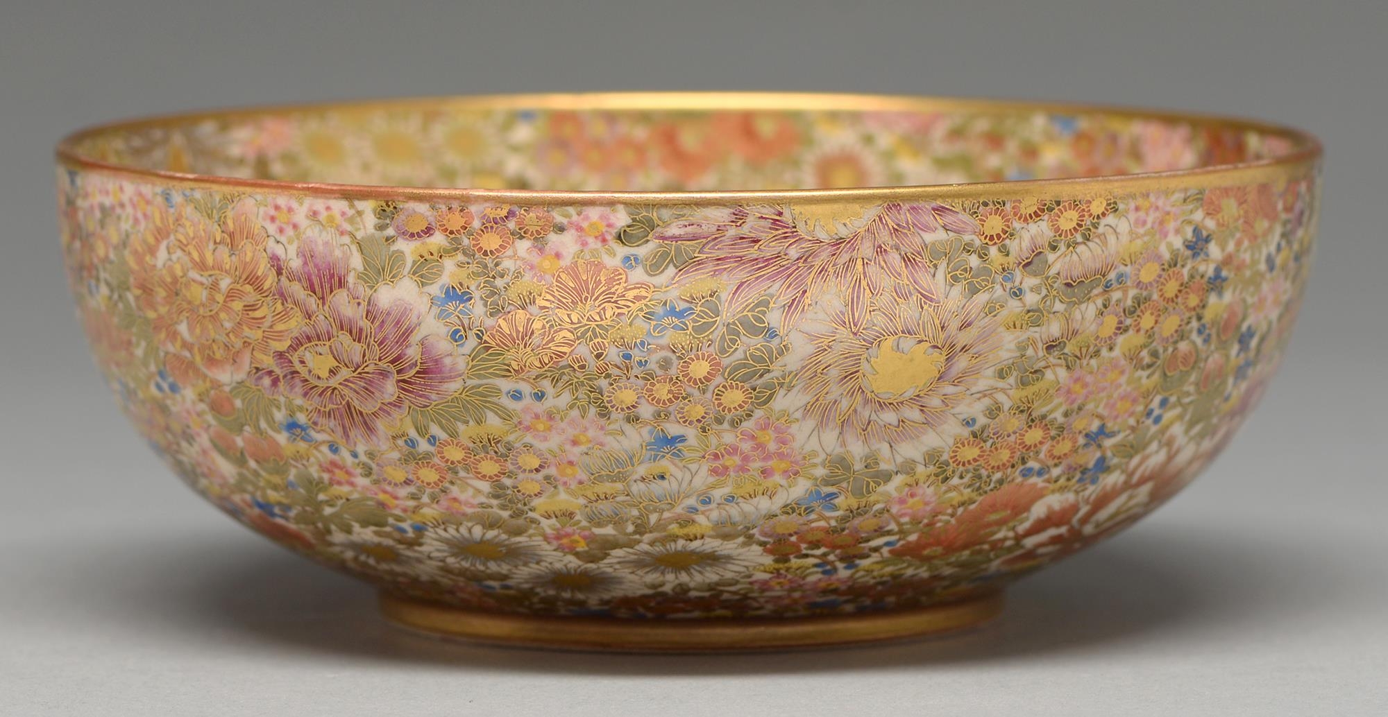 A Satsuma ware millefleurs bowl, Meiji period, on gilt foot, 19cm diam, gilt signature and shimazu - Image 2 of 4