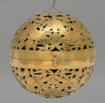 A Persian brass shadow sphere, late 19th c, pierced and engraved with birds and flowers, the two