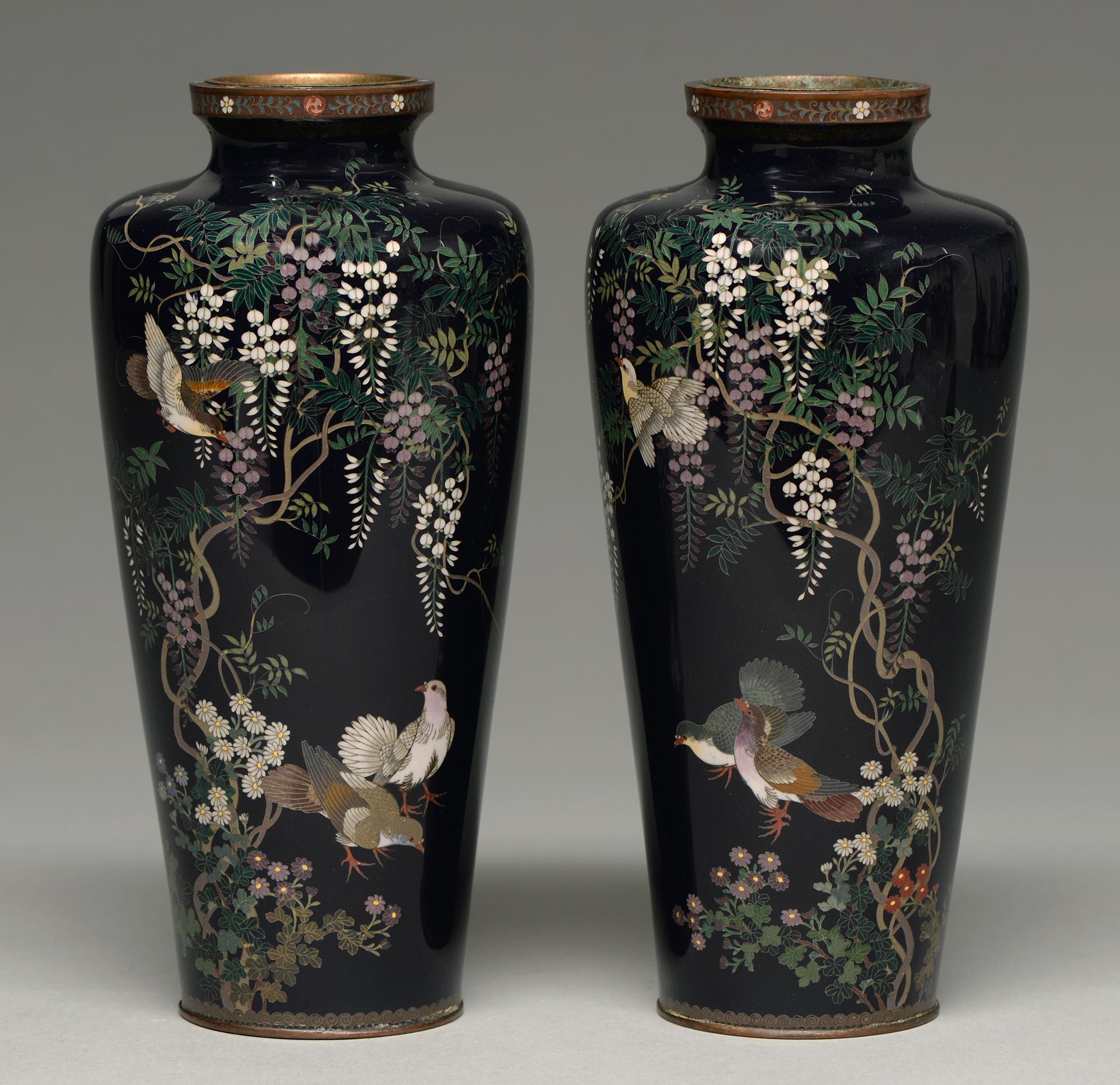 A pair of Japanese cloisonne enamel vases, Meiji period, enamelled in silver wire cloisons with