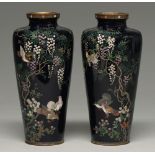A pair of Japanese cloisonne enamel vases, Meiji period, enamelled in silver wire cloisons with
