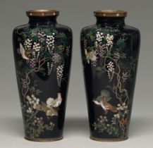 A pair of Japanese cloisonne enamel vases, Meiji period, enamelled in silver wire cloisons with