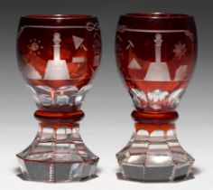 A pair of Bohemian ruby flashed glass goblets, mid 19th c, wheel engraved with masonic emblems
