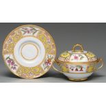 An English porcelain Church Gresley pattern broth bowl, cover and stand, c1810, painted with