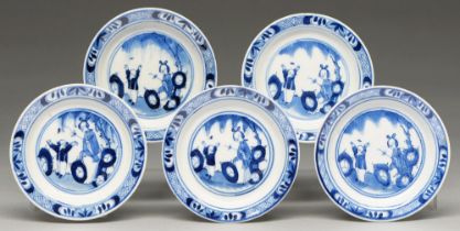A set of five Chinese blue and white miniature plates, 19th c, painted with a woman and child