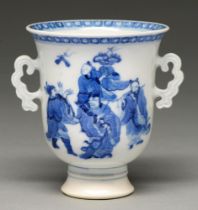 A Chinese blue and white cup, probably 19th c, bell shaped with cloud handles and painted with