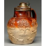 A Sheffield plate mounted saltglazed brown stoneware hunting jug, London or possibly Bristol,