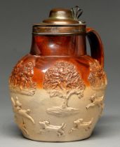 A Sheffield plate mounted saltglazed brown stoneware hunting jug, London or possibly Bristol,