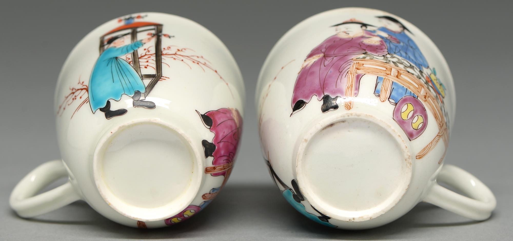 Two Worcester coffee cups, c1765, with underglaze blue border and painted with three Chinese - Image 2 of 2