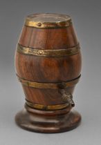 A Victorian rosewood string box, with brass hoops and nozzle, on weighted foot, 9.7cm h Undamaged